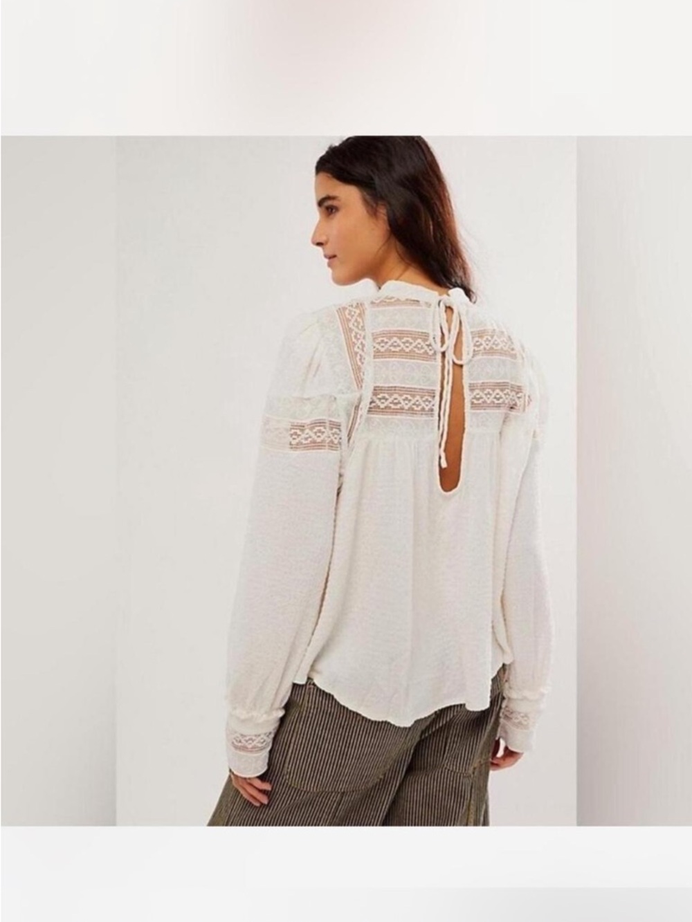Free People White Lace Yoke Peasant Blouse, Small